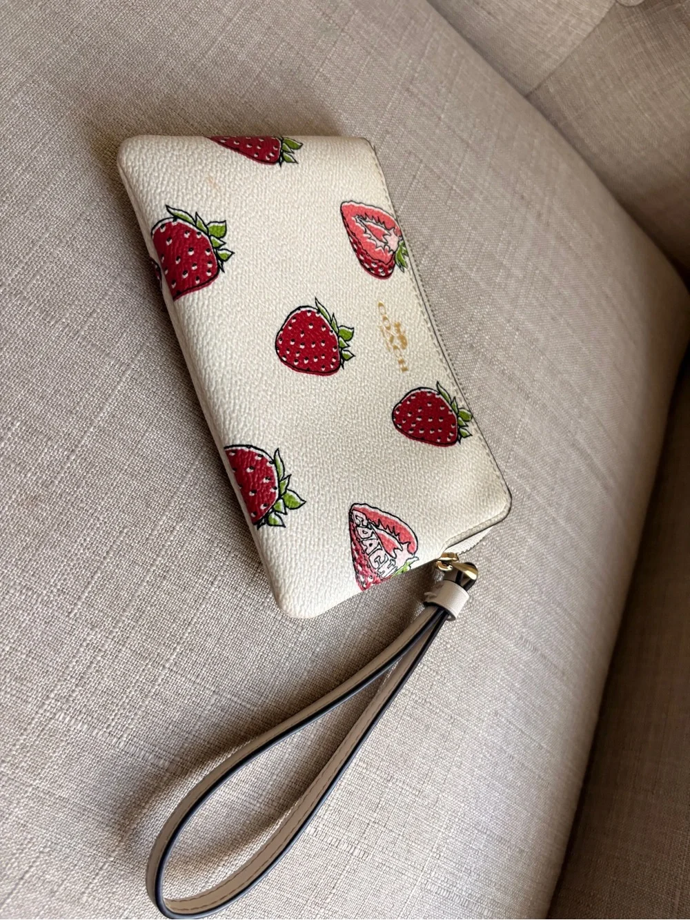 Coach White Strawberry Print Wristlet with Red and Green Accents